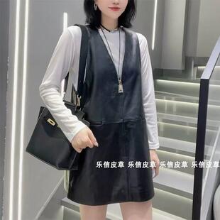 2025春秋冬新款真皮A字裙百搭V领无袖背心裙女绵羊皮连衣裙轻奢感