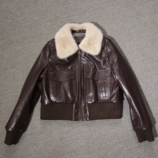 真皮皮衣女短款貂毛领翻领夹克外套通勤风宽松保暖绵羊皮羽绒服