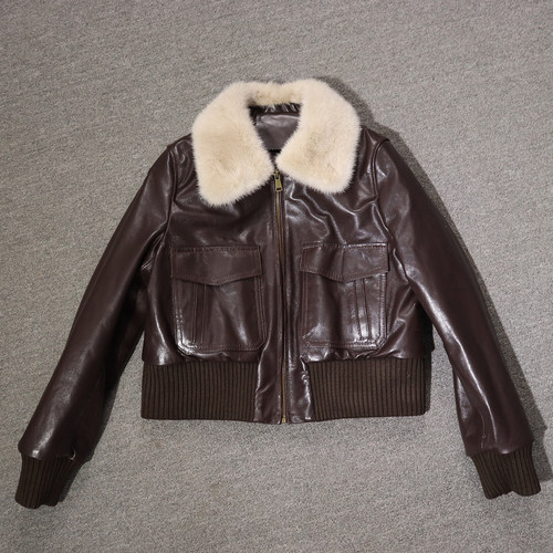 真皮皮衣女短款貂毛领翻领夹克