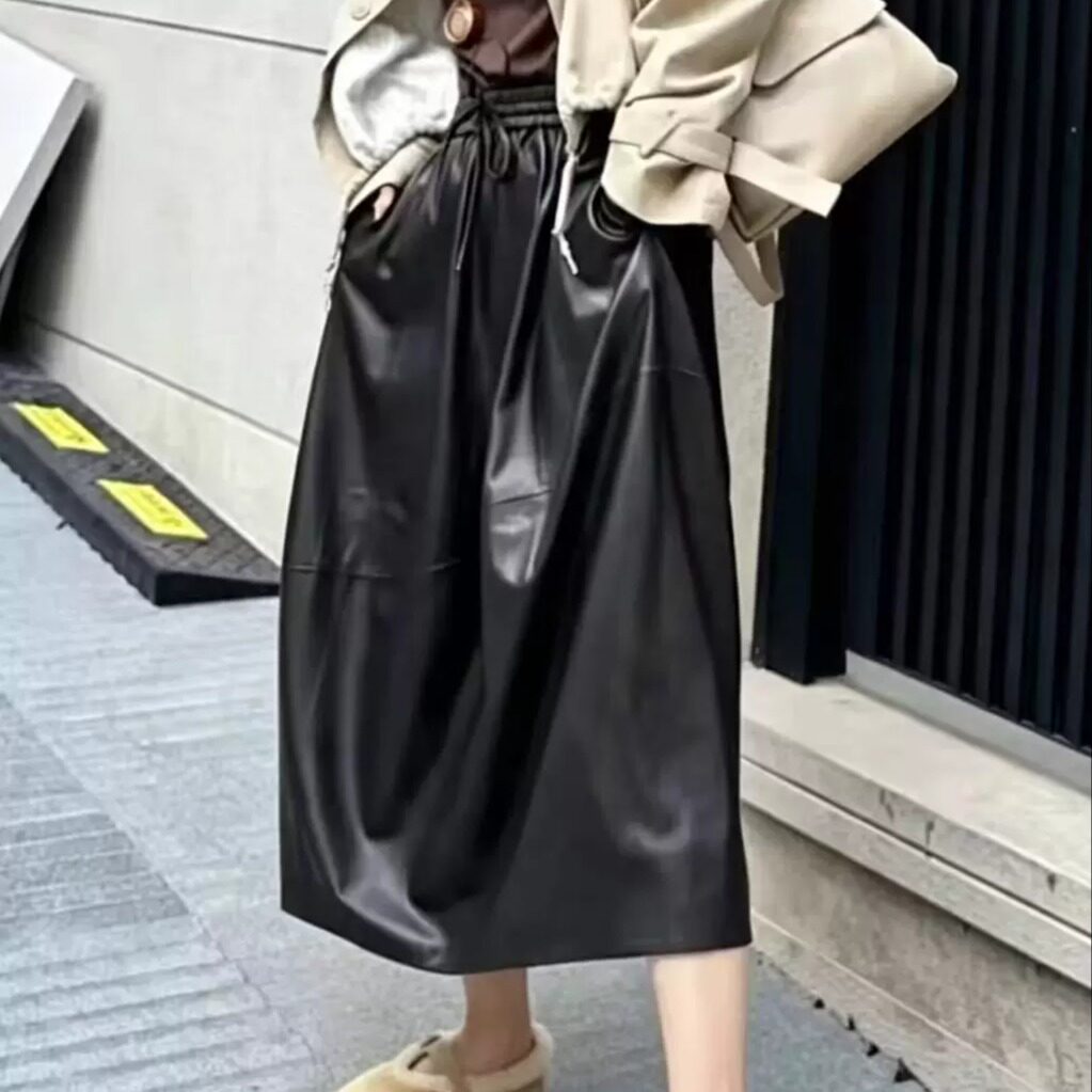 酷感皮革松紧腰显瘦中长半身裙
