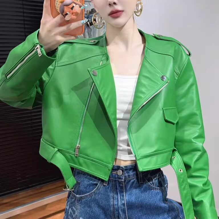 时尚新款真皮皮衣女款短款拉链绵羊皮修身机车风显瘦百搭长袖外套