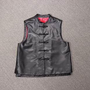 中国风真皮绵羊皮马甲女款黑色立领盘扣无袖显瘦休闲百搭背心外搭