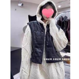 时髦圆领坎肩真皮绵羊皮马夹外套羽绒马甲面包服纯皮原创设计休闲