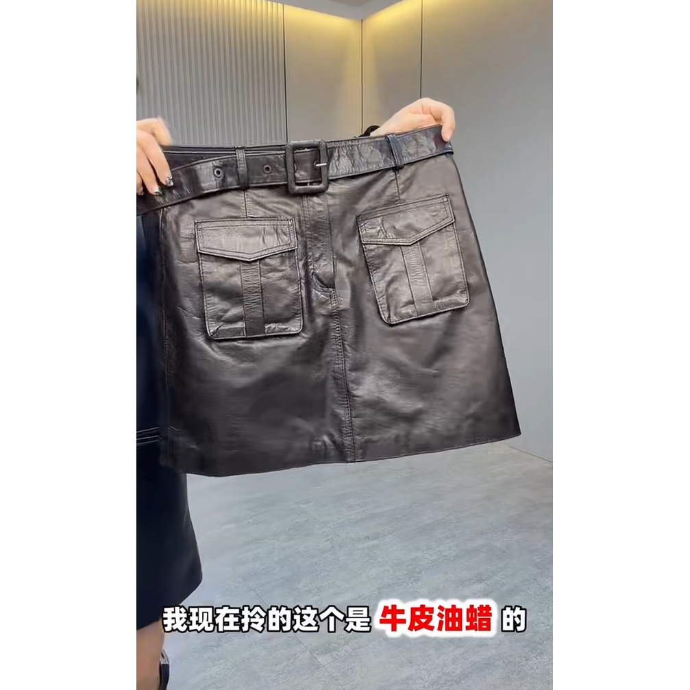 时尚新款真皮短款皮裙女工装风多口袋A字高腰包臀半身裙显瘦靴裙