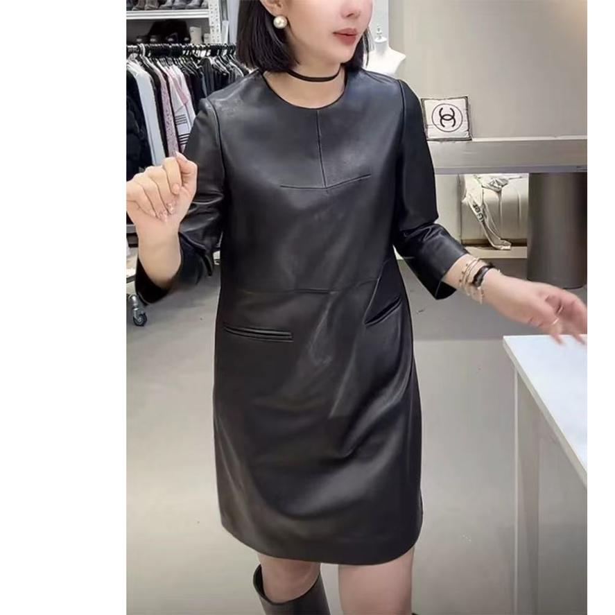 其他修身通勤中长真皮连衣皮裙