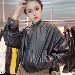 时尚新款复古机车风皮衣女短款立领真皮皮夹克黑色高级感百搭外套
