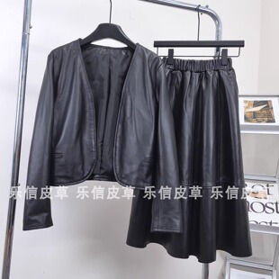 绵羊皮新款真皮套装女时尚百搭皮夹克外套显瘦休闲复古气质皮裙
