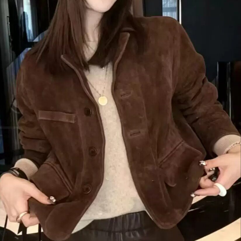 复古反绒真皮短款翻领皮衣女