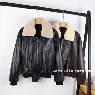 冬季百搭宽松外套舒适真皮绵羊皮皮衣女休闲时尚羊羔毛领加棉保暖