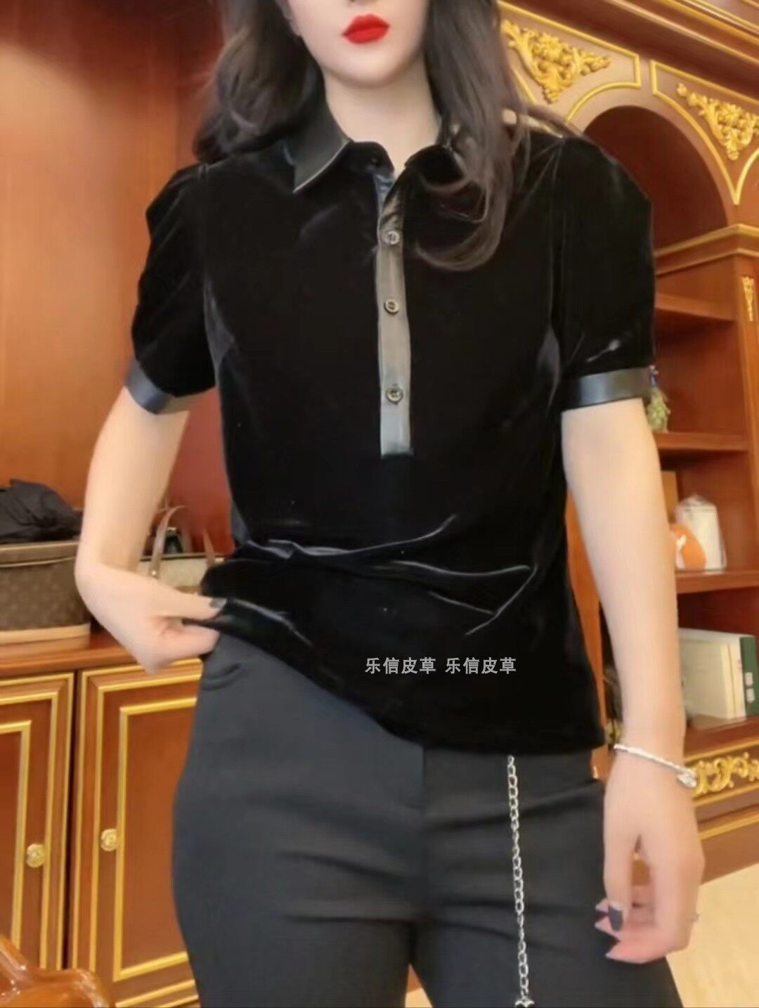 欧货真皮拼接金丝绒女打底衫