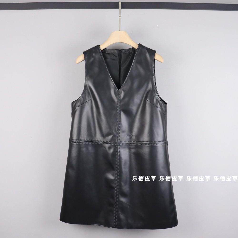 网红同款春秋新款真皮连衣裙女V领A字中长款无袖绵羊皮裙
