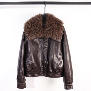 新款真皮复古羊羔毛领加厚皮衣女短款翻领保暖外套时尚气质夹克