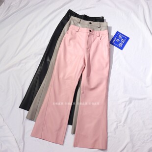 显高显瘦直筒微喇裤 时尚 女绵羊皮高腰百搭气质修身 真皮皮裤 新款