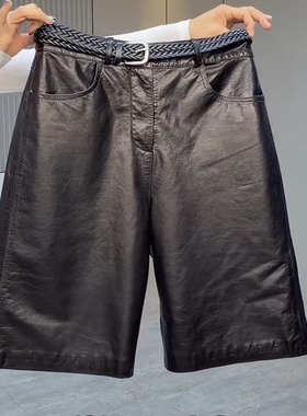 新款真皮黑色腰带五分裤女高腰休闲通勤风短裤显瘦百搭时髦皮裤
