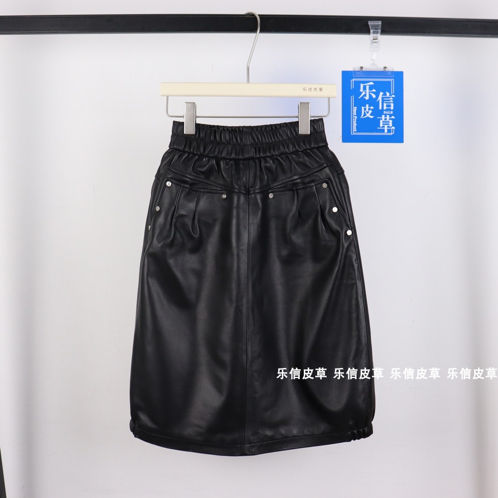 松紧腰高腰长裙女绵羊皮A字口袋真皮半裙洋气纯色伞裙绵羊皮花苞