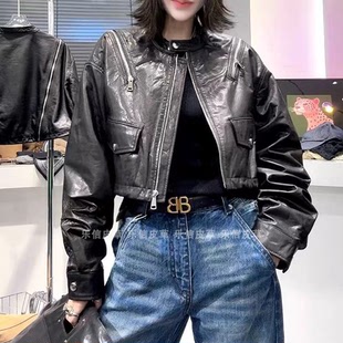 显瘦短款 百搭气质拉链时髦修身 夹克外套 真皮皮衣女绵羊皮时尚 新款