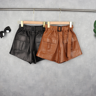 绵羊皮爆款真皮短裤女高腰休闲阔腿咖色短裤 百搭纯皮腰带靴裤潮