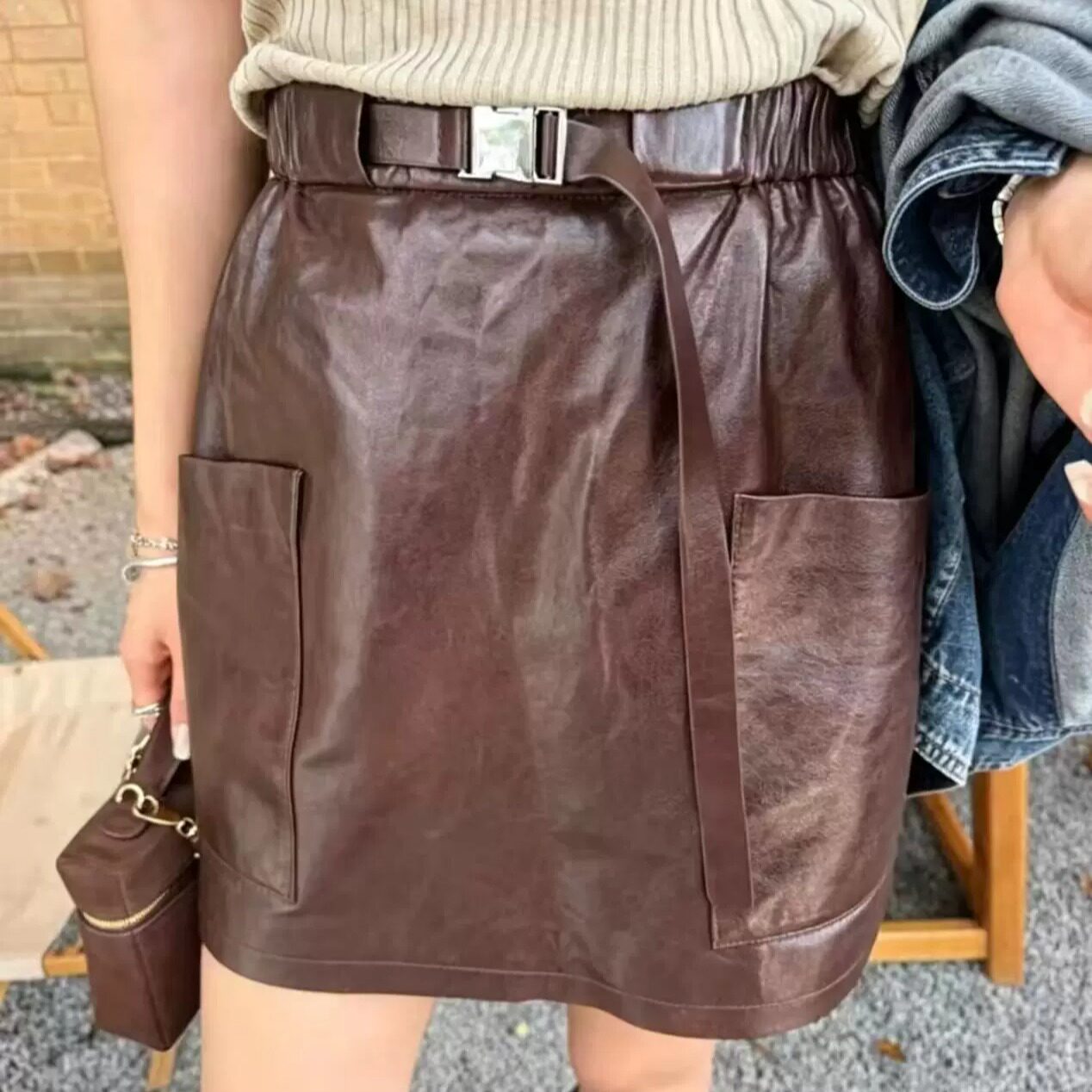 女式真皮高腰A字显瘦半身裙