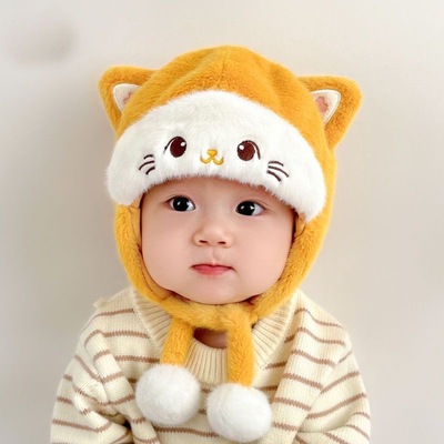 婴儿帽子可爱保暖秋冬季加绒加厚宝宝护耳帽卡通防风毛绒帽男女童