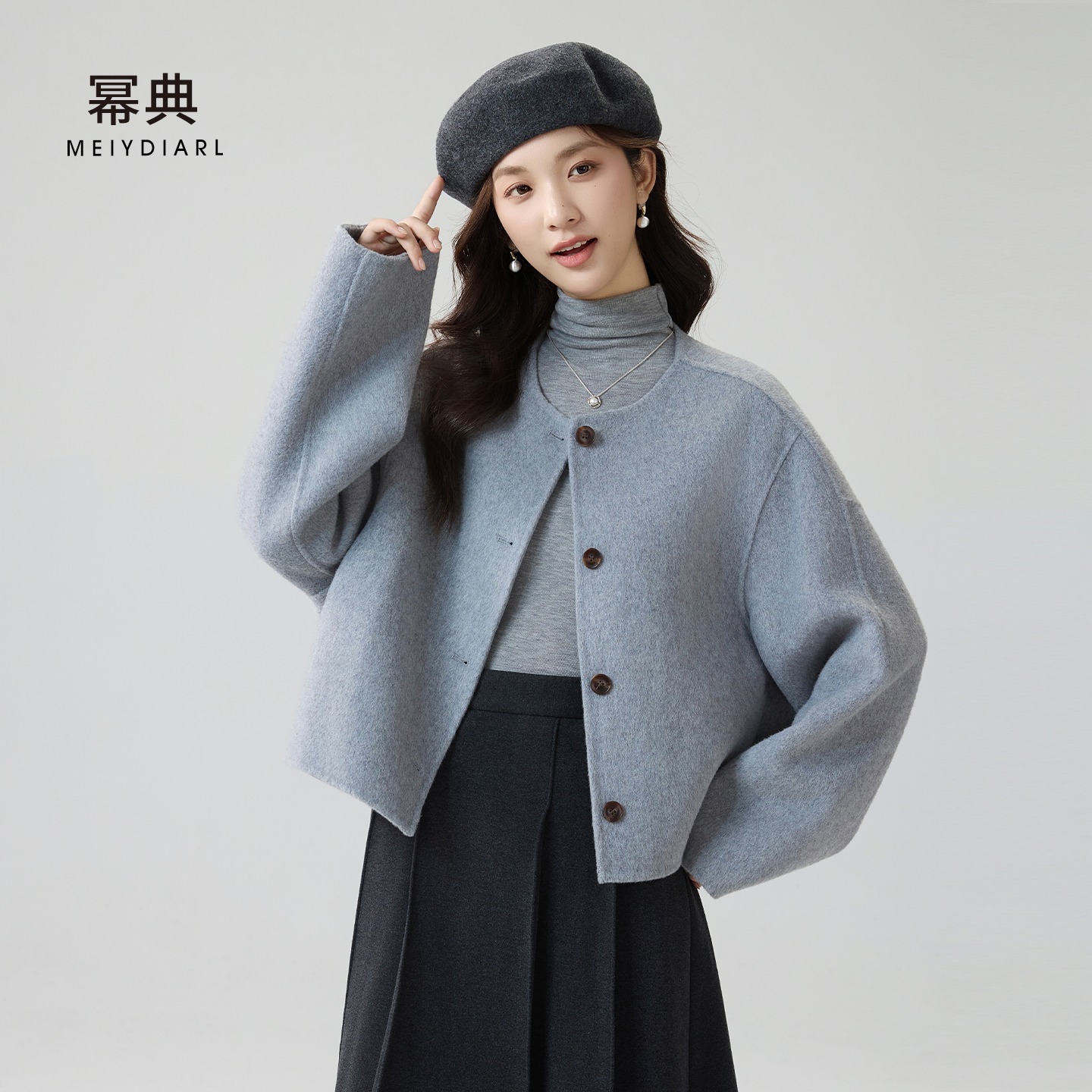 幂典灰色短款毛呢外套女冬季2025新款保暖高级感小个子双面呢大衣