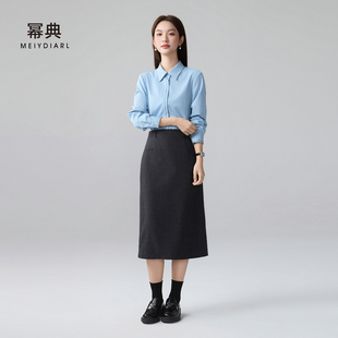 幂典蓝色衬衫女长袖春公务员面试银行职场通勤工作服上衣正装衬衣