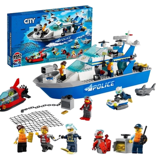城市系列警用巡逻艇警察追击轮船儿童益智拼装积木玩具男适用乐高