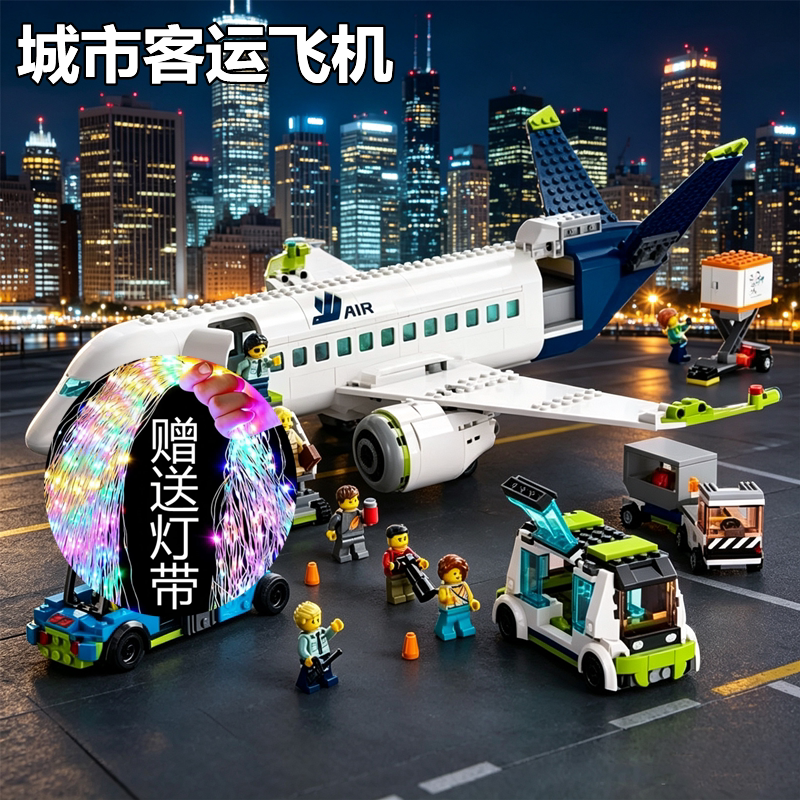 逗乐高手城市系列客运飞机场航空客机模型儿童益智拼装积木玩具男