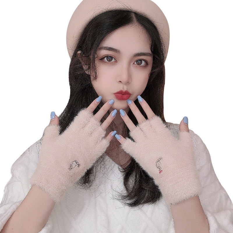 GLOVES AUTUMN AND WINTER GIRLS WRITING VELVET CUTE STUDENT WARMTH WINDPROOF COLD THICKENED COTTON HALF FINGER KOREAN VERSION OF JAPANESE