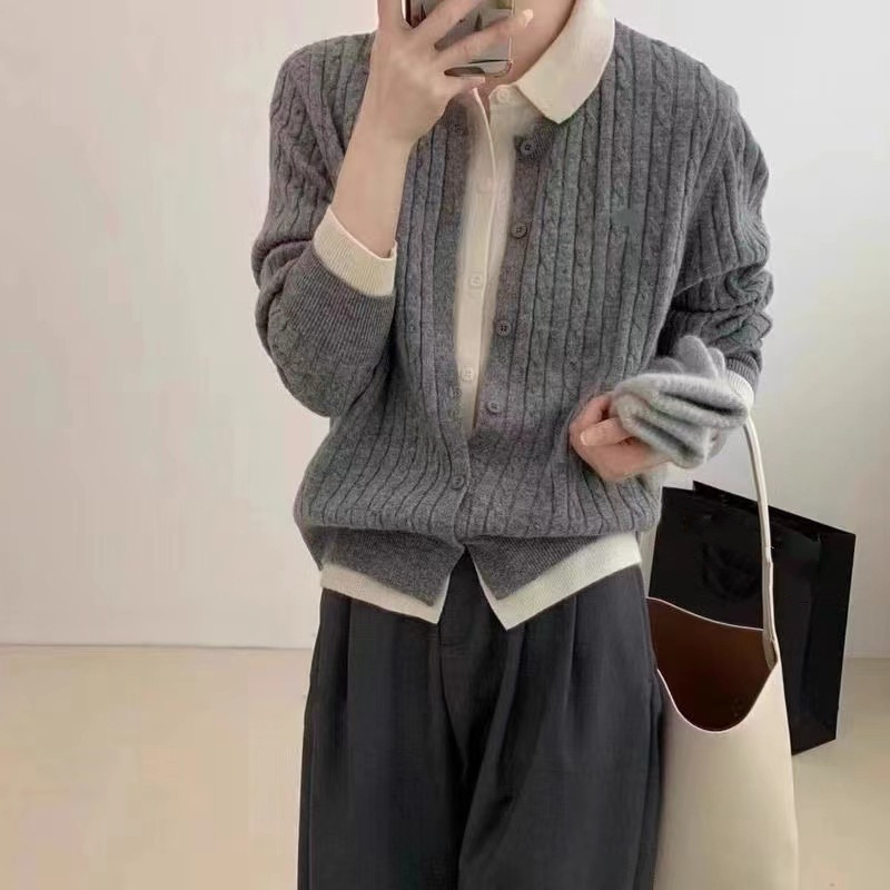 奥特莱斯万象折扣清仓polo领拼色假两件毛衣开衫女秋冬宽松慵懒风