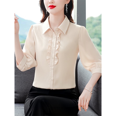恒源祥官方正品妈妈中袖雪纺衬衫女士春季法式短袖衬衣中年夏季上