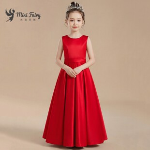 女童中国红色缎面钢琴演出服十周岁生日公主裙学生成人礼晚礼服