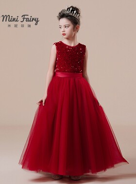 女童高端钢琴演出服十周岁生日公主裙红色乐团小提琴演奏主持礼服