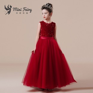 女童高端钢琴演出服十周岁生日公主裙红色乐团小提琴演奏主持礼服