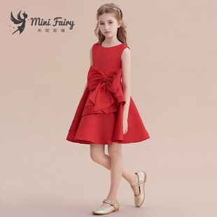 女童钢琴演出服酒红缎面生日公主裙六一主持人儿童礼服洋气花童裙