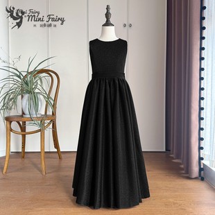 米妮菲瑞女童长款黑色晚礼服中大童钢琴演出服小女孩模特走秀学生