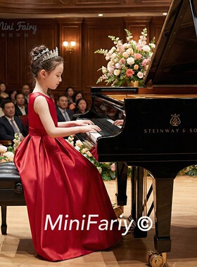 新款红色缎面儿童礼服女童无袖钢琴演出服高端晚礼服管弦乐团表演