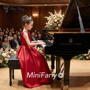 新款红色缎面儿童礼服女童无袖钢琴演出服高端晚礼服管弦乐团表演