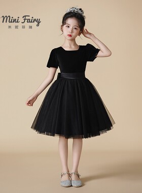 女童黑色礼服网纱公主裙钢琴表演高端乐团合唱小提琴演奏短袖船领