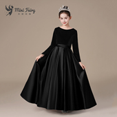 新款 女童黑色长袖 公主裙秋冬丝绒钢琴演出服大摆裙高端儿童礼服缎