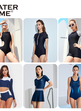 【清仓特价】WaterTime游泳衣女连体性感黑色温泉专业运动泳装女