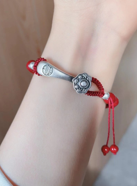足银999复古3D如意扣头朱砂编织手绳紫金砂手链女原创设计古法男