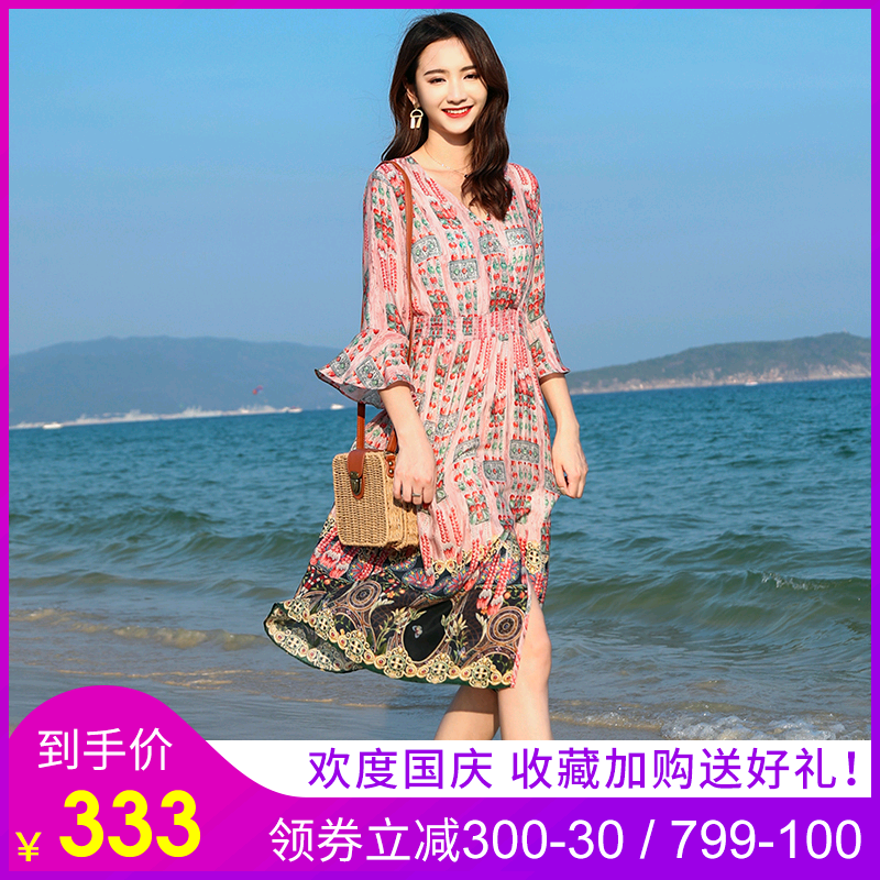 杭州真丝连衣裙女2019夏季新款大牌时尚高贵桑蚕丝修身洋气高端裙(非品牌)