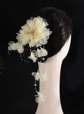 古风发夹绢纱花朵对夹浅黄色薄纱夹子气质古装边夹发饰烫花头饰女