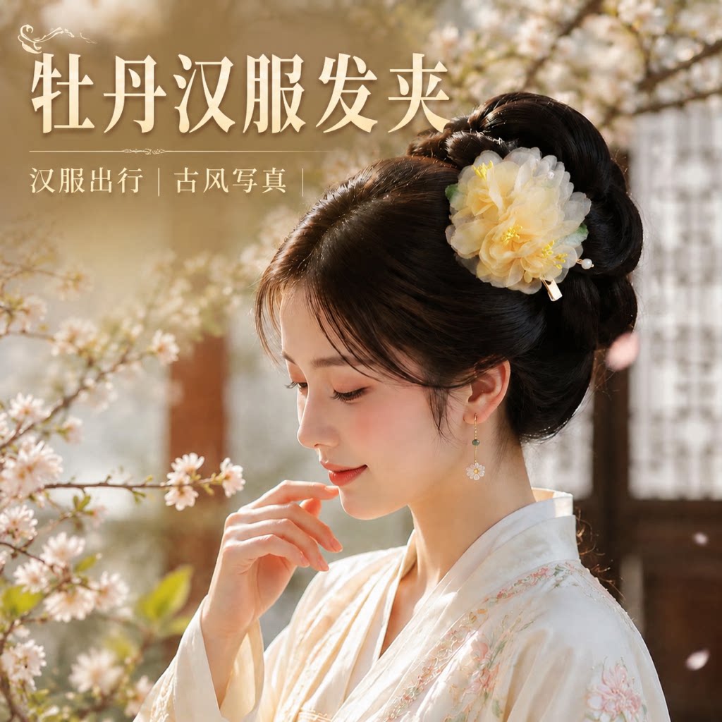 黄色绢纱烫花中式边夹点缀古风发饰国风汉服头饰古装发夹森系唐风图片