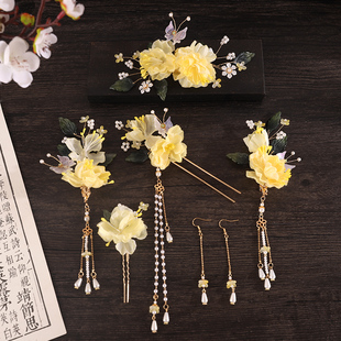 古风汉服旗袍浅黄绢纱花朵发饰套装唐风宋制侧边盘发发夹簪子全套
