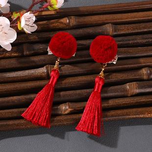 新中式古风新年红色毛球古风发夹流苏头饰中国风对夹发夹配饰品