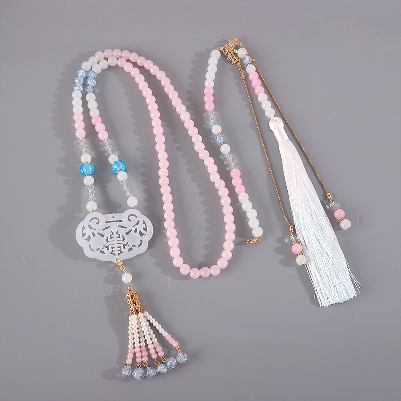 新中式古风汉服旗袍璎珞项链复古百搭粉色串珠项圈超仙马面裙配饰