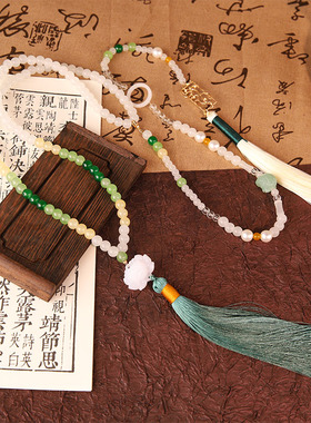 新中式马面裙配饰莲花项链背云长流苏汉服璎珞中国风复古项饰品