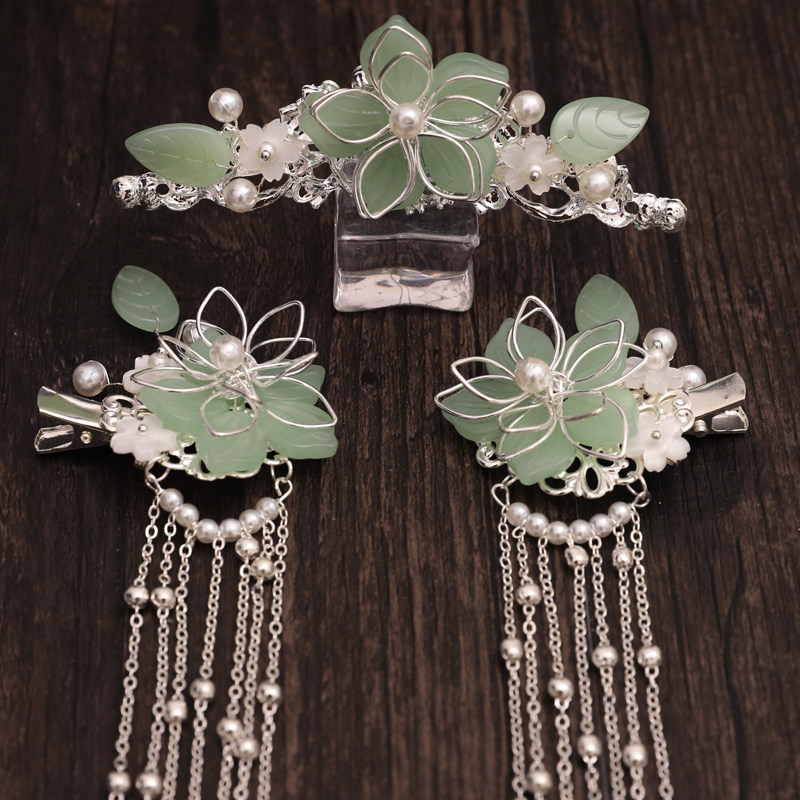 儿童古风古装汉服襦裙配饰绿色对夹发簪发饰古典唐风套装流苏头饰