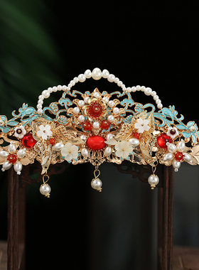 烧蓝凤冠唐风明制头饰簪子发冠简约汉服古代发饰红色 气质发钗女